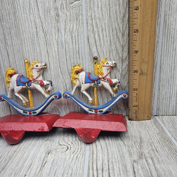 Vintage Cast Iron Rocking Horse Stocking Holders Set Christmas Decor Pair - Picture 4 of 8